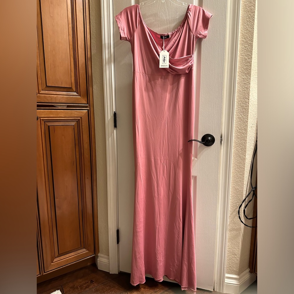 NEW WITH TAGS- pink maternity maxi dress, fitted stretchy, off shoulder. SMALL